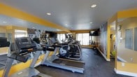 This single-floor fitness center offers a focused and energizing environment for exercise. The space is defined by striking yellow accent walls paired with a neutral grey ceiling and dark rubber flooring, creating a dynamic, high-energy atmosphere. Large-scale athletic murals line the walls, reinforcing the space's purpose and adding visual depth throughout. A floor-to-ceiling mirror along one wall expands the sense of space and allows users to monitor their form during workouts. Recessed lighting is evenly distributed across the ceiling, ensuring consistent, well-lit conditions throughout the room. A large window at the far end of the space introduces natural light, contributing to an open and motivating environment. The cardio equipment lineup includes multiple Matrix-brand treadmills, elliptical machines, and stationary bikes, arranged in orderly rows to maximize the available floor area. A wall-mounted flat-screen television is positioned for easy viewing during workouts. The overall layout is thoughtfully organized to accommodate multiple users simultaneously, making it a practical and fully functional fitness facility.