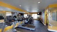 This single-floor fitness center offers a focused and energizing environment for exercise. The space is defined by striking yellow accent walls paired with a neutral grey ceiling and dark rubber flooring, creating a dynamic, high-energy atmosphere. Large-scale athletic murals line the walls, reinforcing the space's purpose and adding visual depth throughout. A floor-to-ceiling mirror along one wall expands the sense of space and allows users to monitor their form during workouts. Recessed lighting is evenly distributed across the ceiling, ensuring consistent, well-lit conditions throughout the room. A large window at the far end of the space introduces natural light, contributing to an open and motivating environment. The cardio equipment lineup includes multiple Matrix-brand treadmills, elliptical machines, and stationary bikes, arranged in orderly rows to maximize the available floor area. A wall-mounted flat-screen television is positioned for easy viewing during workouts. The overall layout is thoughtfully organized to accommodate multiple users simultaneously, making it a practical and fully functional fitness facility.