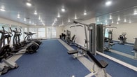 This fitness center offers a spacious, single-floor layout designed to support a comprehensive workout experience. The open floor plan is covered in durable blue carpeting with light gray accent strips, providing a clean and functional surface throughout the space. Recessed and track lighting illuminates the room evenly from a textured gray ceiling, creating a bright and energizing environment.

The facility is divided into distinct workout zones. The cardio area features elliptical trainers, stationary bikes, and a treadmill, while a dedicated cycling section houses multiple spin bikes positioned in front of a large wall-mounted mirror and flat-screen television. The strength training zone includes a multi-station cable machine, a dumbbell rack, an adjustable weight bench, and a medicine ball tower stocked with a full range of weighted balls. Resistance bands and stability balls are neatly organized along the wall for functional fitness and stretching exercises.

Floor-to-ceiling mirrors line one wall, enhancing the sense of openness and allowing users to monitor their form during workouts. A set of frosted glass doors provides access to the space and allows diffused natural light to filter in. The layout is thoughtfully arranged to maximize usable floor space, making the fitness center suitable for both individual training and small group sessions.