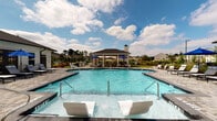 Located at 4215 Midvale Dr in Wilmington, NC, this single-level outdoor amenity space offers a well-appointed community retreat designed for relaxation and social gatherings. At its centerpiece is a generously sized resort-style swimming pool with crystal-clear water, entry steps, and in-water lounge chairs, all set against a backdrop of open sky and lush greenery. The pool deck is finished with attractive paver stonework and lined with chaise lounges and bold blue market umbrellas, providing ample space for sunbathing and leisure.

Adjacent to the pool is a spacious covered pavilion featuring a warm wood-paneled ceiling supported by crisp white columns. This sheltered gathering space is outfitted with comfortable wicker and upholstered seating, dining tables with chairs, and a built-in outdoor fireplace clad in white brick, creating a welcoming atmosphere in any season. A wall-mounted television adds entertainment convenience, while views of the pool and surrounding neighborhood greenery enhance the open, airy feel. Outdoor grills are also available nearby, making the area ideal for community cookouts and events. The overall design blends coastal charm with modern amenities, delivering a polished and inviting outdoor experience.