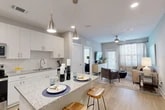 This thoughtfully laid-out one-bedroom, one-bathroom residence in Jacksonville, FL offers a cohesive blend of modern design and practical functionality. The open-concept kitchen and living area forms the heart of the home, where sleek white cabinetry, a subway tile backsplash, granite countertops, and stainless steel appliances create a polished culinary space. A kitchen island with bar seating and stylish pendant lighting adds both workspace and casual dining convenience. Light wood-tone flooring extends throughout the main living area, enhancing the bright, airy atmosphere. The living room features a ceiling fan, large windows with blinds and sheer curtains, and a private patio door that brings in natural light. The bedroom is a calm retreat with plush carpet, generous natural light from multiple windows, and a ceiling fan. It connects to a spacious walk-in closet outfitted with wire shelving and hanging rods. The full bathroom includes a granite-topped vanity with white cabinetry, a large mirror, and a tiled soaking tub and shower surround. Additional features include a dedicated laundry area and a utility room, rounding out this efficiently designed and well-appointed residence.