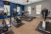 Located at 424 N Cedar Bluff Rd in Knoxville, Tennessee, this single-floor fitness center is a well-appointed exercise facility designed to support a comprehensive workout routine. The space is finished with a combination of light hardwood flooring and carpet tile, providing both durability and comfort underfoot throughout the room.

The fitness center is outfitted with a robust selection of TRUE-brand cardio equipment, including multiple treadmills, elliptical trainers, a stair climber, and stationary bikes — offering users a wide range of aerobic exercise options. Additional strength and cross-training equipment rounds out the facility's offerings, ensuring a versatile workout environment.

The interior design features a striking bold blue accent wall paired with soft gray walls, creating a dynamic and energizing atmosphere. Recessed lighting and ceiling fans with light fixtures maintain a comfortable and well-lit environment throughout the space. Multiple windows with horizontal blinds line the walls, inviting natural light and offering views of the surrounding greenery outdoors.

A sleek glass partition wall divides a portion of the space, adding an open, modern architectural element while maintaining a sense of separation between workout zones. Wall-mounted televisions provide entertainment during cardio sessions. The overall ambiance is clean, functional, and purposefully designed to motivate and accommodate active users.