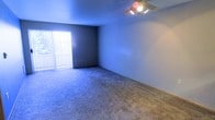 This single-floor residential space offers a clean and functional layout designed for comfortable everyday living. The main living area is finished with wall-to-wall carpet, providing a soft and cozy underfoot feel throughout. Neutral-toned walls in a cool blue-gray hue lend the space a calm and understated ambiance, creating a versatile backdrop for a variety of interior styles. A ceiling fan with an integrated light fixture is centrally positioned overhead, ensuring both air circulation and ambient lighting. A large sliding glass door fitted with vertical blinds serves as a prominent architectural feature, allowing generous amounts of natural light to pour into the room while offering direct access to the outdoors. The open layout of the living area provides ample room to arrange furniture and personalize the space to suit individual needs. The overall atmosphere is bright, airy, and move-in ready, making it a practical and inviting space for everyday use.