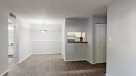 This well-appointed single-floor residence offers a thoughtfully designed layout that balances comfort and functionality. The open-concept living and dining area is anchored by warm-toned hardwood-style flooring and neutral gray walls, creating a clean, cohesive aesthetic. A pendant light fixture highlights the dining zone, while a large sliding glass door fitted with vertical blinds floods the living space with natural light and provides outdoor access.

The kitchen is accessible via a pass-through bar with dark granite-style countertops, offering a convenient connection between cooking and entertaining areas. Inside, the galley-style kitchen features white cabinetry, matching dark countertops, stainless steel appliances including a refrigerator and range, and a double sink — all set on light wood-style flooring.

The bedrooms are carpeted for comfort, each featuring neutral gray walls, natural light from windows with horizontal blinds, and closet access. The bathroom is finished with a white vanity, dark granite-style countertop, a tiled tub-shower combo, and wood-style flooring that ties back to the main living areas. Throughout the space, textured ceilings and clean white trim provide a consistent architectural detail that completes the unit's polished, move-in-ready presentation.