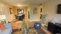 This single-floor residence showcases an open-concept design that seamlessly connects the living, dining, and kitchen areas. Warm-toned hardwood flooring extends throughout the main living spaces, creating a cohesive and inviting atmosphere. The living area features a glass-topped coffee table paired with a bold blue leather ottoman, anchored by a patterned area rug. A lush indoor palm and decorative greenery add natural accents throughout the space. The dining area accommodates a round table with dark upholstered chairs and is complemented by a large framed mirror that enhances the sense of depth and light. Track lighting overhead provides functional illumination in the dining space. A colorful abstract canvas artwork adorns the wall, adding a vibrant focal point. Beyond a partial wall divider, the kitchen is accessible and features dark appliances, including a visible refrigerator. The warm yellow-toned walls throughout contribute to the bright and welcoming ambiance of the home.
