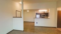 This single-floor space offers an open-concept layout that connects the living area and kitchen in a seamless, functional design. The kitchen is outfitted with modern stainless steel appliances, including a full-size refrigerator, microwave, and stove, all complemented by dark cabinetry that adds a contemporary contrast to the light-toned walls. A raised peninsula counter defines the kitchen boundary while maintaining visual openness to the rest of the space. Warm hardwood-style flooring runs throughout the main living area, providing a cohesive and inviting aesthetic, while a carpeted section near the entryway offers a comfortable transition zone. A structural column near the entry adds an architectural element to the layout without interrupting the overall flow. Flush ceiling lighting illuminates the space evenly, creating a bright and welcoming ambiance throughout. The entryway, framed by a white paneled door, provides a clean and straightforward point of arrival. Overall, the space combines practical design with modern finishes, making it a well-appointed and functional single-level living environment.