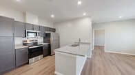 Located on Barrier Island Way in Saint Marys, Georgia, this well-designed one-bedroom, one-bathroom unit offers a thoughtful and efficient layout across a single floor. The open-concept kitchen and living area serves as the heart of the home, featuring warm light hardwood-style flooring that flows seamlessly throughout. The kitchen is outfitted with dark charcoal cabinetry, granite countertops, a stainless steel appliance suite including a range, built-in microwave, and refrigerator, and a peninsula with an integrated sink — ideal for both meal preparation and casual dining. The living area is bright and airy, benefiting from multiple windows and a glass exterior door that invite abundant natural light and provide access to an outdoor area. A ceiling fan adds comfort and functionality to the space. The bedroom is a comfortable and tranquil retreat, also equipped with a ceiling fan, a window with outdoor views, and direct access to a dedicated closet. The bathroom features a full tub-shower combination, wire shelving for storage, and continues the clean, neutral aesthetic found throughout the home. Neutral gray wall tones and clean white trim create a cohesive, modern palette throughout this move-in-ready unit.
