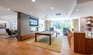 This thoughtfully designed single-floor amenity space blends mid-century modern aesthetics with contemporary functionality. The entrance greets visitors with a striking reception area featuring a warm wood-paneled ceiling, a sculptural gold pendant light fixture, large-format tile flooring, and a bold geometric accent wall. A digital information display and a small seating nook near the entry provide a practical and welcoming first impression.

The space opens into an expansive social lounge anchored by a double-sided gas fireplace set within a sleek concrete and wood surround. Seating arrangements feature plush teal and chartreuse sofas paired with sculptural wood coffee tables atop vibrant patterned area rugs. A statement chandelier overhead adds a refined touch, while large-scale artwork and a wall-mounted flat-screen television enhance the room's visual depth. Large floor-to-ceiling windows invite abundant natural light and connect the interior to outdoor views.

A billiards area and additional lounge seating extend the social zone, offering varied spaces for recreation and relaxation. The communal kitchen is a standout feature, boasting a dramatic metallic 3D-tile backsplash, granite countertops, stainless steel appliances, open walnut shelving, and a generous bar-height island with wood stools. Light hardwood-style flooring flows cohesively throughout, unifying the entire space with warmth and continuity.