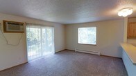 This single-floor space offers a clean, functional layout designed for comfortable everyday living. The main living area is the centerpiece of the space, finished with wall-to-wall plush carpeting that adds warmth and comfort underfoot. A textured popcorn ceiling spans the room, providing a classic finish overhead.

Natural light is a defining feature of this space. A large sliding glass door fitted with vertical blinds opens to an outdoor balcony, framing lush green tree views and allowing abundant daylight to fill the interior. A secondary window on the adjacent wall further brightens the room, ensuring the space feels open and airy throughout the day.

Climate comfort is well-addressed with a baseboard heating unit running along the exterior wall beneath the windows, offering efficient and consistent warmth. The walls are finished in a neutral, light beige tone that enhances the brightness of the space and provides a versatile backdrop for a variety of interior styles.

Overall, the space presents a straightforward, well-lit environment with a calm and neutral ambiance, well-suited for those seeking a functional and low-maintenance living space with pleasant outdoor views and ample natural light.