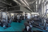 Located at 1200 Rickabaugh Way in Santa Clara, California, this contemporary fitness center offers a well-appointed, single-floor exercise facility with a generous and open layout. The space is defined by its striking floor-to-ceiling glass curtain wall along one side, flooding the interior with abundant natural light and providing sweeping outdoor views of the surrounding Santa Clara streetscape and skyline.

The industrial-chic design is highlighted by exposed ductwork and structural elements overhead, complemented by sleek linear LED lighting and large ceiling fans that maintain comfortable airflow throughout. Patterned teal and charcoal carpet tiles add a modern aesthetic across the main floor area, while rubberized flooring anchors the dedicated strength training zone.

The cardio section features a long row of treadmills, stair climbers, and stationary bikes, all positioned to take full advantage of the panoramic window views. The strength training area is equipped with power racks, a cable machine, free weights, kettlebells, and medicine balls displayed on organized wall racks.

The entry area welcomes visitors with colorful wall art, built-in storage cubbies, and glass-panel doors that offer a preview into the facility. A textured accent wall with an artistic topographic pattern adds a distinctive design element to the interior, contributing to the energetic yet refined ambiance of this well-equipped fitness space.