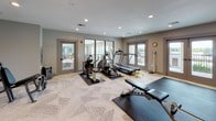Located at 3850 Sycamore School Rd in Fort Worth, Texas, this fitness center offers a comprehensive workout environment designed to accommodate a wide range of exercise needs. The space is thoughtfully organized into distinct training zones, providing both cardio and strength-focused areas within a single, open floor plan.

The cardio section is equipped with treadmills, elliptical machines, and a stationary bike, all positioned near large windows and glass doors that overlook an outdoor balcony area, filling the space with natural light and providing pleasant exterior views. Protective rubber mats are placed beneath each machine for safety and stability.

The strength and free weight zone features a tiered dumbbell rack, medicine balls, resistance bands, stability balls, and a multi-function cable machine, complemented by an adjustable weight bench positioned on a large floor mat. An additional cable and weight machine rounds out the resistance training offerings.

The interior design is clean and contemporary, with patterned low-pile carpeting, recessed lighting throughout, and a neutral gray and warm gold color palette accenting the walls. Decorative artwork adds a polished finishing touch. Multiple entry doors provide convenient access throughout the space, contributing to an open, functional, and welcoming fitness environment.