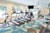 Located in Acworth, Georgia, this well-appointed fitness center offers a comprehensive exercise environment designed to support a variety of workout routines. The single-floor space is outfitted with a thoughtfully curated selection of equipment, including TRUE treadmills, a stationary spin bike, multi-station cable strength machines, and additional resistance equipment to accommodate both cardio and strength training needs.

The interior is finished with a distinctive geometric-patterned carpet in teal, gray, and neutral tones, lending a modern and energetic aesthetic to the space. Neutral-toned walls are complemented by crown molding and recessed lighting, contributing to a clean and well-lit atmosphere. A ceiling fan provides additional air circulation throughout the room.

Full-length mirrored walls on one side of the facility enhance the sense of openness and allow users to monitor their form during exercise. Multiple large windows line the walls, inviting abundant natural light and offering views of the surrounding greenery.

A glass door provides direct access to an outdoor pool area, seamlessly connecting the fitness center to additional recreational amenities. Safety features, including an emergency exit sign and fire safety equipment, are also present. The overall design balances functionality with a bright, welcoming ambiance suited for daily fitness use.