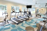 Located in Acworth, Georgia, this well-appointed fitness center offers a comprehensive exercise environment designed to support a variety of workout routines. The single-floor space is outfitted with a thoughtfully curated selection of equipment, including TRUE treadmills, a stationary spin bike, multi-station cable strength machines, and additional resistance equipment to accommodate both cardio and strength training needs.

The interior is finished with a distinctive geometric-patterned carpet in teal, gray, and neutral tones, lending a modern and energetic aesthetic to the space. Neutral-toned walls are complemented by crown molding and recessed lighting, contributing to a clean and well-lit atmosphere. A ceiling fan provides additional air circulation throughout the room.

Full-length mirrored walls on one side of the facility enhance the sense of openness and allow users to monitor their form during exercise. Multiple large windows line the walls, inviting abundant natural light and offering views of the surrounding greenery.

A glass door provides direct access to an outdoor pool area, seamlessly connecting the fitness center to additional recreational amenities. Safety features, including an emergency exit sign and fire safety equipment, are also present. The overall design balances functionality with a bright, welcoming ambiance suited for daily fitness use.