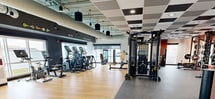 This professionally designed fitness center spans 2,650 square feet on a single floor, offering a comprehensive workout environment across distinct functional zones. The space features a striking mixed ceiling design, combining checkered acoustic tile panels with exposed ductwork and pendant lighting, creating an industrial-modern aesthetic throughout.

The cardio zone is outfitted with a row of Matrix treadmills and additional cardio machines, including stationary bikes and a rowing machine, positioned along large windows that flood the area with natural light and provide exterior views. Hardwood-style flooring defines this zone, offering a clean, polished look.

Transitioning into the strength training area, the flooring shifts to durable rubber matting suited for heavy use. This section houses a full complement of Matrix selectorized machines, a power rack with Olympic barbells and weight plates, adjustable benches, and an extensive dumbbell rack. A decoratively accented wall featuring diagonal wood paneling with illuminated arched niches serves as a backdrop for the free weights area, adding a distinctive architectural focal point.

The space also includes a functional training zone equipped with cable systems, kettlebells, and medicine balls. Bold terracotta-red accent walls and columns punctuate the interior, contributing to the gym's energetic and motivating ambiance.