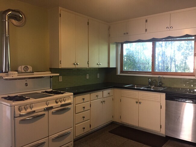 kitchen - vintage working stove - but modern fridge and dishwasher. Kitchen extends much farther back than shown. - 2465 Cole St