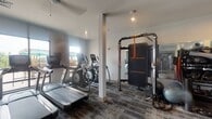 Located at 450 Perimeter Dr in Midlothian, Virginia, this modern fitness center is designed to support a comprehensive range of workout routines. The space is housed on a single floor and finished with durable, patterned carpet tiles that lend a clean, contemporary aesthetic throughout.

The cardio zone is positioned near large windows that invite ample natural light and offer views of the outdoor area, creating an energizing environment for exercise. This section is equipped with multiple treadmills, elliptical cross-trainers, and a stair climber, providing a variety of options for cardiovascular training.

A dedicated strength training area features a multi-station cable and functional training rig with resistance attachment points, ideal for dynamic, full-body workouts. Complementing this is a selection of Matrix-brand selectorized weight machines, including seated cable and leg press units, suitable for targeted muscle conditioning.

Full-length mirrors are strategically placed along the walls to expand the visual space and allow users to monitor their form. A well-stocked dumbbell rack lines one wall, offering a broad range of free weight options. Stability balls and resistance accessories are also available throughout the space.

Structural columns are integrated into the layout, and recessed and pendant lighting fixtures provide consistent illumination. The fitness center is accessed via a glass-paneled door, and the overall design reflects a well-appointed, amenity-grade facility.