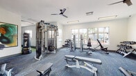 This modern fitness center is thoughtfully designed to support a full range of workout routines. The space is laid out across a single floor and finished with durable blue patterned carpet throughout. Large windows line multiple walls, flooding the interior with natural light and offering views of the surrounding outdoor areas, including a pool and landscaped grounds. Glass French doors on one side provide direct access to the pool deck, seamlessly connecting indoor and outdoor amenities.

The strength training area is well-appointed, featuring a multi-function cable machine, a pull-up and dip station, adjustable weight benches, and a full dumbbell rack. A flat-screen TV is mounted on a warm wood accent wall, adding a stylish focal point to this section of the room. Ceiling fans are positioned throughout to maintain comfortable airflow during workouts.

The cardio zone houses treadmills, elliptical trainers, and a stationary bike, all arranged in front of a bold, large-format graphic wall mural that adds an energetic visual punch to the space. The white walls and bright lighting create a clean, motivating atmosphere throughout. The fitness center presents a comprehensive and well-organized environment suitable for both strength and cardiovascular training.