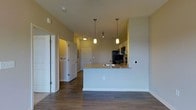 This single-floor residence features an open-concept layout that seamlessly connects the kitchen and living areas. The space is anchored by rich, dark hardwood flooring that runs throughout, providing a warm and cohesive aesthetic.

The kitchen is equipped with granite countertops and a peninsula-style breakfast bar, which serves as both a functional workspace and a casual dining area. A stainless steel sink is integrated into the peninsula. Black appliances, including a refrigerator and microwave, are positioned along the back wall of the kitchen. Three pendant lights hang above the peninsula, offering focused task lighting while adding a decorative element to the space.

The hallway visible from the main living area leads to additional rooms and features a full-length mirror or storage panel mounted on the wall. Multiple white panel doors provide access to various rooms, maintaining a clean, uniform look throughout. The entry door is visible at the end of the hallway, featuring a standard residential design.

The walls are painted in a neutral warm beige tone, contributing to the overall inviting ambiance of the space. The layout maximizes functionality while maintaining an open, airy feel.