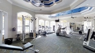 This fitness center combines elegant architectural design with practical functionality. The standout feature is the dramatic tiered ceiling, adorned with a vivid blue painted inset and recessed lighting, giving the space a distinctive and upscale character. Ceiling fans are mounted within the tiers, ensuring comfortable air circulation throughout workouts.

Arched windows line the walls, flooding the space with natural light and creating an open, airy atmosphere. The floors are covered in patterned commercial-grade carpet in neutral tones with subtle blue and green accents, complementing the overall color scheme.

The facility is well-stocked with a variety of cardio equipment, including multiple treadmills, elliptical trainers, and a stair climber, all arranged to make efficient use of the space. A multi-station cable weight machine is positioned along one wall for strength training. A stability ball and additional free weights round out the available equipment. A wall-mounted television provides entertainment during workouts. Mirrored panels on one wall enhance the sense of spaciousness while allowing users to monitor their form. The overall ambiance is bright, clean, and inviting.