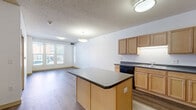 Located at 100 2nd Ave in downtown Des Moines, Iowa, this one-bedroom, one-bathroom unit offers a well-organized single-floor layout with a functional mix of living spaces. The open-concept kitchen and living area serves as the heart of the unit, featuring warm light maple cabinetry, dark countertops, and a full suite of black appliances including a refrigerator, range, microwave, and dishwasher. A peninsula island provides additional counter space and a natural division between the kitchen and living area. Wood-look plank flooring runs throughout the main living spaces, adding warmth and durability. The living room receives ample natural light through large windows that frame views of the surrounding urban streetscape. The bedroom is comfortably sized and features plush wall-to-wall carpeting, a window with outdoor views, and access to a dedicated closet. The bathroom is designed with accessibility in mind, featuring grab bars, a wood-toned vanity with storage, a large mirror, and consistent wood-look flooring that ties the space together. Throughout the unit, neutral walls and clean finishes create a bright, move-in-ready atmosphere suitable for comfortable everyday living in the heart of Des Moines.