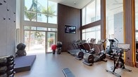 This contemporary fitness center is defined by its striking double-height ceilings and expansive floor-to-ceiling windows that flood the space with abundant natural light while framing views of swaying palm trees outside. The architectural design blends warm dark wood wall panels with light neutral flooring, creating a sophisticated yet functional atmosphere throughout.

The cardio zone is well-stocked with multiple treadmills, elliptical trainers, a stationary bike, and a rowing machine, each equipped with individual screens for entertainment. A wall-mounted flat-screen television provides additional viewing options. The strength training area features a multi-station cable machine, adjustable benches, and a comprehensive dumbbell rack accommodating a full range of weights.

A dedicated functional fitness zone includes a textured concrete climbing wall that takes full advantage of the soaring ceiling height, complemented by exercise balls, balance trainers, and floor mats for stretching and bodyweight exercises. Large mirrors with dark wood framing expand the sense of space and assist with form checks during workouts.

Finishing touches include built-in planters with greenery, a water fountain, and decorative wall art, contributing to a polished, resort-like ambiance. Direct glass door access connects the gym to the outdoor area, enhancing the open, airy feel of the space.