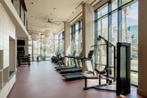 Located at 2055 Main St in Irvine, CA, this two-story fitness center offers a generously sized workout environment spread across a spacious main floor and a secondary upper level. The facility's most striking architectural feature is its expansive floor-to-ceiling glass curtain wall, which runs the length of the main workout area and floods the space with abundant natural light while providing panoramic views of palm-lined streets and the surrounding Irvine business district.

The main floor accommodates a comprehensive range of cardio equipment, including treadmills, stair climbers, and elliptical machines, all positioned to take full advantage of the outdoor views. A dedicated free weights area features Hampton dumbbells, barbell racks, and adjustable benches, complemented by wall-length mirrors. Cable machines and strength-training stations are distributed throughout, providing a well-rounded workout experience.

High ceilings with recessed lighting and ceiling fans enhance the open, airy atmosphere. Wall-mounted flat-screen televisions offer entertainment throughout the facility. A staircase with a metal railing leads to the upper mezzanine level, which provides additional workout space and overlooks the main floor below. Water fountains and utility amenities are conveniently located near the stairwell. The rich red rubberized flooring ties the space together, creating a vibrant, energetic environment suited for a full-featured fitness experience.
