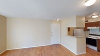 This single-story space in Sherman offers a clean, functional layout designed for comfortable everyday living. The main living area is an open, well-lit room finished with warm wood-style laminate flooring that runs throughout, complementing the neutral, light-toned walls that create a bright and airy atmosphere. A textured ceiling with a central flush-mount light fixture adds subtle character to the space.

A standout architectural detail is the pass-through cutout connecting the living area to the kitchen, providing a convenient open sightline between the two spaces. The kitchen area features a countertop ledge at the pass-through, ideal for casual dining or serving. A full-size refrigerator is visible within the kitchen space, indicating practical, well-equipped cooking accommodations.

The front entry door is a classic six-panel white door with brass hardware, providing a clean and traditional focal point to the living area. White baseboards throughout tie the interior together with a crisp, cohesive finish. Overall, the space presents a move-in-ready environment with a simple, understated aesthetic suited to a variety of needs.