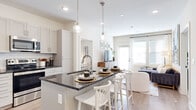 This single-floor residence is thoughtfully designed with a cohesive, contemporary aesthetic carried throughout every room. The open-concept kitchen is a standout feature, outfitted with white shaker-style cabinetry extending to the ceiling, dark granite countertops, a classic subway tile backsplash, and a full suite of stainless steel appliances. A central island with matching granite provides additional workspace and seating for multiple guests beneath elegant pendant lighting, creating a natural connection to the adjoining living area. The living space is bright and welcoming, benefiting from natural light through large windows and a glass-paned door, with light wood-look flooring that flows seamlessly throughout the main area.

Two well-proportioned bedrooms each feature carpeted floors, natural light from windows with blinds, and a calm, neutral palette. Both bathrooms mirror the kitchen's design language, featuring white vanity cabinetry, dark granite countertops, and large framed mirrors. One bathroom includes direct access to a dedicated walk-in closet with wire shelving. Overall, the space presents a clean, modern, and functional layout with consistent, quality finishes.