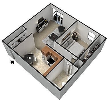 Plano de piso de un dormitorio tipo chalé - Little Acres Apartments & Townhomes