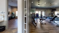This single-floor community amenity facility offers a thoughtfully designed layout that combines recreation, fitness, and social gathering in one cohesive space. The main lounge and game room serves as the heart of the facility, featuring slate tile flooring in earthy, multi-toned hues that lend a warm and grounded aesthetic throughout. A full-size pool table anchors the room, complemented by high-top bar tables and chairs that encourage casual socializing. Multiple sets of French doors with divided-light windows line the walls, flooding the space with natural light and providing outdoor access. A wall-mounted television adds to the entertainment options available.

Adjacent to the game room is a fully appointed kitchen, outfitted with gray cabinetry, granite countertops, a stone tile backsplash, and stainless steel appliances including a refrigerator and double wall ovens. A generously sized kitchen island with bar seating makes this area well-suited for gatherings and catered events.

The fitness center is accessible through a set of French doors and is equipped with a variety of strength and cardio machines, free weights, and exercise balls. Wood-look flooring, floor-to-ceiling mirrors, and ample natural light from surrounding windows create an energizing environment. Recessed lighting throughout the entire facility ensures consistent, comfortable illumination across all areas.