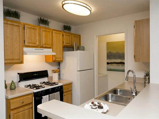 Nice kitchen with a gas stove and rich wood cabinetry - Stone Harbor Apartments