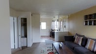 This single-floor space offers a functional and open layout that connects the living, dining, and entry areas in a cohesive flow. The living room features wall-to-wall carpeting, providing a comfortable and warm atmosphere, and is furnished with a sofa and coffee table atop a decorative area rug. A textured ceiling adds depth to the space throughout.

A distinctive architectural feature is the partial room divider between the living and dining areas, consisting of an open shelving unit with a half-wall base. This element defines each space while maintaining visual openness and allowing light to pass through freely. The shelving provides both display and storage potential.

The dining area is positioned near a windowed entry door, which allows natural light to brighten the space. The warm yellow accent wall in this zone adds a touch of color and warmth. Hardwood-style flooring runs through the dining and entry areas, contrasting with the carpeted living room.

Additionally, a built-in closet with hanging storage is visible near the living area, offering convenient organizational space. Overall, the layout is practical and well-defined, with thoughtful details that enhance the functionality of the space.
