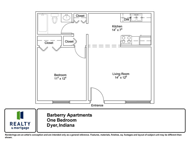 Plano de planta de un dormitorio - Barberry Apartments