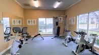This single-floor fitness facility offers a clean, functional environment designed to support a well-rounded workout routine. The room features warm neutral-toned walls accented by crown molding, providing a polished yet practical aesthetic. Large windows allow ample natural light to fill the space while offering pleasant views of the surrounding greenery, creating an inviting atmosphere for exercise. Overhead fluorescent lighting ensures the room remains bright at all times of day. The space is outfitted with a multi-station cable machine and adjustable weight bench for comprehensive strength training, alongside a Spinner cycling bike for high-intensity cardio workouts. An additional seated exercise machine rounds out the equipment selection, catering to a range of fitness needs. Anatomical muscle-group reference charts are displayed on the walls, adding an educational element useful for targeting specific training areas. The floor is finished with low-pile carpet, providing cushioning and comfort underfoot. The overall layout is thoughtfully organized to maximize usable floor space while maintaining clear pathways between equipment, making the facility practical and easy to navigate for users of all fitness levels.
