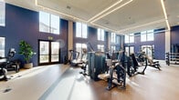 Located at 12520 Camino Del Sur in San Diego, CA, this contemporary fitness center offers a well-appointed, single-floor workout facility with an expansive, open layout. The space is defined by soaring double-height ceilings and floor-to-ceiling windows that line the perimeter walls, flooding the interior with abundant natural light and providing views of the surrounding community. Deep navy blue accent walls contrast with neutral flooring and light-toned structural columns, creating a modern and energizing atmosphere.

The facility is comprehensively equipped with Matrix-branded cardio machines, including treadmills, ellipticals, and stair climbers, arranged to take full advantage of the natural light and outdoor views. A dedicated strength training zone features a wide selection of Matrix selectorized machines and cable systems, supported by large wall-mounted mirrors that enhance the sense of space. A free weights area offers a full dumbbell rack and functional training equipment. Built-in wood shelving provides organized storage, and decorative potted plants add touches of warmth throughout.

Linear LED lighting panels run along the ceiling, complementing the natural light and ensuring consistent illumination throughout all training areas. Dual entry points with glass-paned doors provide convenient access. The overall design balances aesthetic sophistication with practical fitness functionality.