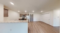 This 2-bedroom, 1-bathroom residence at 201 24th Ave SE in Willmar, Minnesota offers a well-designed, single-floor layout that makes efficient use of its space. The open-concept kitchen and living area forms the heart of the home, where a peninsula with granite-style countertops and a double sink serves as a natural divider between the kitchen and the carpeted living room. The kitchen is equipped with stainless steel appliances — including a refrigerator, range, microwave, and dishwasher — paired with rich dark wood cabinetry and wood-look flooring that adds warmth to the space. Recessed lighting and a ceiling fan in the living area provide both ambient and functional illumination. The primary bedroom is a comfortable size, featuring plush carpeting, a dedicated closet with built-in shelving, and access to additional rooms. The second bedroom benefits from natural light through a sliding window with views of the surrounding green landscape. The full bathroom includes a clean, white soaking tub and shower combination. Throughout the unit, neutral tones, clean white trim, and panel-style doors create a cohesive, move-in-ready aesthetic. Outdoor greenery is visible from multiple windows, lending a pleasant, serene atmosphere to the living environment.
