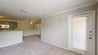 Located at 333 Normandy St in Houston, TX, this two-story home offers four bedrooms, four bathrooms, and three closets spread across two well-proportioned floors. The main level features an open-concept living room and kitchen combination with warm wood-look flooring, crown molding, and a ceiling fan that adds a comfortable, airy feel. The galley-style kitchen is equipped with gray cabinetry, granite-look countertops, a double sink, and white appliances including a range, microwave, dishwasher, and refrigerator — all framed by elegant crown molding. The upper floor houses the generously sized primary bedroom, which benefits from dual windows that invite natural light and neighborhood views. Additional bedrooms are carpeted and bright, with one featuring its own window overlooking the surroundings. The bathrooms are finished with gray vanities, granite-look countertops, and wood-look tile flooring. Closets throughout the home include a spacious walk-in with wire shelving, providing ample storage. Neutral tones, plush carpeting in living and bedroom areas, and consistent finishes throughout give the home a cohesive and move-in-ready appeal.