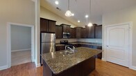 Located at 241 Odara Dr in Forest, Virginia, this single-floor home offers a thoughtfully designed layout with quality finishes throughout. The kitchen is a standout centerpiece, showcasing rich dark cabinetry, dark granite countertops, and a large island with an undermount sink and elegant pendant lighting. Stainless steel appliances, including a refrigerator, range, and built-in microwave, complete this well-equipped space. Hardwood flooring flows through the main living areas, connecting the kitchen to a generous living room featuring vaulted ceilings, a contemporary fireplace, a ceiling fan with light fixture, and a window that brings in natural light. A built-in desk or countertop nook adjacent to the kitchen adds functional workspace. The bedrooms are carpeted for comfort and feature ample natural light from well-positioned windows. Spacious walk-in closets with wire shelving systems provide generous storage. The bathrooms include a full bath with a tub-shower combination and tile flooring, as well as a secondary bathroom with speckled stone countertops, a wall-length mirror, and chrome fixtures. The home's clean neutral palette and consistent finishes create a cohesive and welcoming atmosphere throughout.