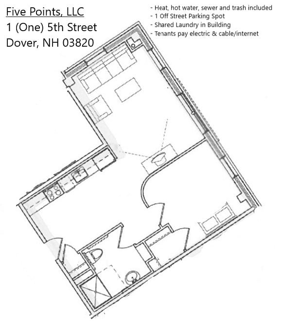 1 Bedroom 1 Bathroom 01 Floorplan - 5 Points
