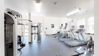 This single-floor fitness center is designed to support a full range of workout routines in a bright, open environment. The space features soaring ceilings that lend an airy, expansive feel throughout. Large windows and a full-length glass garage-style door flood the interior with natural light, offering views of the surrounding outdoor area and creating an inviting atmosphere for exercise.

The cardio zone is lined with a row of treadmills, elliptical trainers, and a rowing machine, each equipped with individual digital displays. A dedicated strength training area includes a cable machine system, a multi-functional weight machine, adjustable benches, and a rack of free weights, providing ample options for resistance training. TRX suspension straps are also available for functional fitness workouts.

Full-length mirrors are mounted along one wall, enhancing the sense of space while allowing users to monitor their form. Rubber flooring covers the entire workout area, providing safety and durability. Overhead, ceiling-mounted fans and recessed fluorescent lighting ensure comfort during intense training sessions. A wall-mounted television adds an entertainment option, while a wall-mounted information display keeps users informed. The clean, white walls and minimal design maintain a focused, professional fitness environment throughout.
