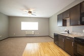 This single-floor unit offers a thoughtfully designed open layout that seamlessly connects the living area and kitchen. The main living space features a combination of warm hardwood-style flooring and plush carpeting, creating distinct zones within the open floor plan. A ceiling fan overhead provides both comfort and light, while a window with blinds allows natural light to fill the room. A wall-mounted HVAC unit ensures year-round climate control.

The kitchen is outfitted with dark espresso cabinetry that extends from floor to ceiling, providing ample storage. Granite-speckled countertops run the length of the kitchen and are complemented by a stainless steel sink. Black appliances, including a refrigerator, stove, built-in microwave, and dishwasher, complete the sleek, cohesive look. The hardwood-style flooring continues throughout the kitchen, tying the space together.

A hallway leads from the main living area to additional spaces, including a closet and the bathroom. The bathroom features the same dark cabinetry found in the kitchen, topped with a matching granite countertop and an undermount sink with brushed nickel fixtures. A large mirror spans the vanity wall, and a shower-tub combination is enclosed by a curtain rod. The overall color palette of cool grays and deep espresso tones gives the unit a modern, cohesive aesthetic.