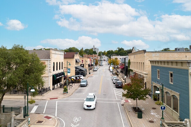 An aerial view of one of the streets of the historic downtown area of Lemont.