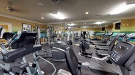 Located at 1955 Poppy Ferry Rd in Biloxi, Mississippi, this single-floor fitness center offers a comprehensive workout facility designed to accommodate a wide range of exercise routines. The space is divided into two distinct zones: a well-equipped main gym area and an adjoining open-floor exercise studio.

The main gym area features rubber flooring and is outfitted with an extensive selection of cardio and strength-training equipment, including treadmills, elliptical machines, stationary bikes, and multi-station cable machines from brands such as True and Hoist. Full-length mirrors line one wall, visually expanding the space and allowing users to monitor their form. A wall-mounted flat-screen television is positioned for easy viewing during workouts, and ceiling fans provide additional air circulation.

The adjoining exercise studio features warm hardwood flooring, making it ideal for yoga, stretching, or group fitness activities. Exercise mats in multiple colors are stacked and readily available, along with light dumbbells and other accessories. Windows fitted with blinds allow natural light to filter in while maintaining privacy.

Throughout both areas, the walls are painted in a bold, energizing horizontal stripe pattern in shades of gold, green, teal, and blue, accented by crown molding. Framed athletic-themed artwork adds a motivating visual element. The overall ambiance is vibrant, functional, and well-maintained, providing an inviting environment for fitness enthusiasts of all levels.