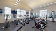 Located at 7027 Park Mill Dr in Plain City, Ohio, this fitness center offers a comprehensive workout facility designed to support a wide range of exercise routines. The space is housed within a single-floor layout featuring vaulted ceilings that lend an open, airy feel throughout.

The cardio zone is generously outfitted with multiple treadmills, upright and recumbent stationary bikes, elliptical machines, and cycling bikes. Multiple wall-mounted flat-screen televisions are positioned throughout, allowing users to stay entertained during workouts. Large windows with white blinds line the walls, flooding the space with natural light and offering views to the surrounding area, including what appears to be a pool.

The strength training area is equally well-appointed, featuring a variety of cable and selectorized weight machines, a free weight dumbbell rack, an adjustable bench, and a stability ball. Full-length mirrors are strategically placed along the walls to assist with form and to enhance the sense of depth and space within the facility.

The flooring throughout consists of durable rubber sport flooring, appropriate for high-traffic fitness use. Overhead linear lighting supplements the natural light, ensuring the space remains bright and functional at all hours. The overall ambiance is clean, modern, and purposefully designed to provide an effective and comfortable fitness experience.