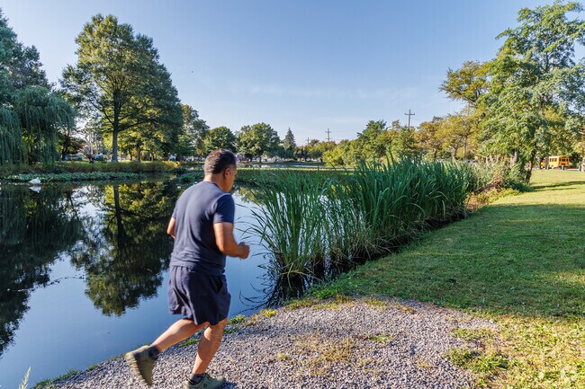 Valley Stream has created a peaceful park where people can also go jogging.