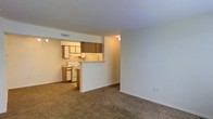 This single-floor space features an open-concept design that connects the living area to the kitchen through a half-wall pass-through, creating a sense of openness while defining each zone. The living area is finished with wall-to-wall carpet in a neutral tone, providing a comfortable and cohesive foundation throughout the space. White walls and standard ceiling height contribute to a clean, simple aesthetic.

The kitchen is efficiently laid out with light wood cabinetry on both upper and lower levels, a white electric range, and a white refrigerator. The pass-through counter adds functionality, making the kitchen accessible and connected to the main living space without full separation. A recessed soffit above the kitchen cabinetry adds subtle architectural definition to the area.

Overhead lighting is present in both the kitchen and living areas, and ceiling vents indicate a central HVAC system. The space maintains a straightforward, practical layout suited for everyday living. Neutral finishes throughout keep the interior versatile and easy to personalize.