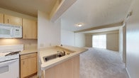 This single-floor residence is designed around an open-concept floor plan that seamlessly connects the kitchen and living areas. The kitchen features a peninsula with a stainless steel sink and light-toned countertops, providing both functional workspace and a natural divider between the cooking and living spaces. Light wood cabinetry lines the kitchen walls, offering ample storage. The flooring transitions from a hard surface in the kitchen to wall-to-wall carpeting in the living area, adding warmth underfoot. A textured ceiling runs throughout the space, complemented by flush-mount lighting. The living area is generously proportioned, with structural beams adding subtle architectural definition. At the far end, a large sliding glass door or wide window allows natural light to fill the room and provides views to what appears to be a balcony or outdoor area, enhancing the sense of openness. The neutral color palette throughout — from the walls to the flooring — creates a clean, versatile backdrop suitable for a variety of interior styles.