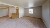 This single-floor space presents a practical and well-organized layout across several distinct areas. The living room is generously proportioned, finished with neutral beige carpeting and smooth walls, and benefits from a sliding glass door fitted with vertical blinds that allows natural light to filter in while providing outdoor access. A window on an adjacent wall further brightens the space.

The kitchen is positioned adjacent to the living area and separated by a wood-paneled breakfast bar with seating overhang, creating an open connection between the two spaces. The kitchen itself features white cabinetry with warm wood-toned hardware, ample counter space, a gas range, and a dishwasher. Stone-look tile flooring runs throughout the kitchen and continues into the bathroom. A window above the counter provides natural light.

The bedroom is a well-sized room with soft carpeting, a window, and notably includes a walk-in closet equipped with wire shelving, offering generous storage. The bathroom features stone-style tile flooring, a vanity with cabinetry, a toilet, and a window that introduces natural light. The overall palette throughout the space is neutral and light, creating a clean and move-in-ready environment.