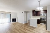Located at 14955 Saticoy St in Van Nuys, CA, this one-bedroom, two-bathroom unit offers a well-designed layout with consistent light wood-style flooring throughout. The open living room is a welcoming space anchored by a fireplace and floor-to-ceiling vertical blinds that allow generous natural light to pour in from a sliding glass door, creating a bright and airy atmosphere.

The kitchen is efficiently designed with rich dark espresso cabinetry, white quartz countertops, a stainless steel undermount sink, and a full suite of stainless steel appliances including a gas range, over-the-range microwave, dishwasher, and refrigerator. A peninsula with a pendant light above connects the kitchen to the living area, enhancing the open feel.

The bedroom is a comfortable retreat featuring a large mirrored sliding closet and a window dressed with vertical blinds for natural light. Direct access to one of the two bathrooms is available from the bedroom, which includes a dark-cabineted vanity with quartz countertop and undermount sink. The second bathroom features a full tub/shower combo. Both bathrooms carry the same cohesive finishes found throughout the unit. Textured ceilings and neutral gray walls complete the clean, modern aesthetic.