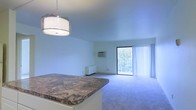 This single-floor unit features an open-concept layout that connects the kitchen and living area in a seamless, functional design. The kitchen is anchored by a peninsula with a dark, marbled stone countertop that provides both workspace and a natural dividing point between the two areas. A decorative drum pendant light hangs above, adding a focal point to the space.

The living area is finished with soft wall-to-wall carpeting and crisp white walls that keep the interior feeling bright and clean. A wall-mounted air conditioning unit provides climate control, accompanied by a baseboard radiator for heating. The room is anchored by a large sliding glass door dressed with vertical blinds, which floods the space with natural light and leads out to a private balcony with a view of lush, mature trees. The outdoor greenery visible through the glass adds a sense of calm and connection to nature. Overall, the unit offers a straightforward, comfortable layout well-suited for everyday living.
